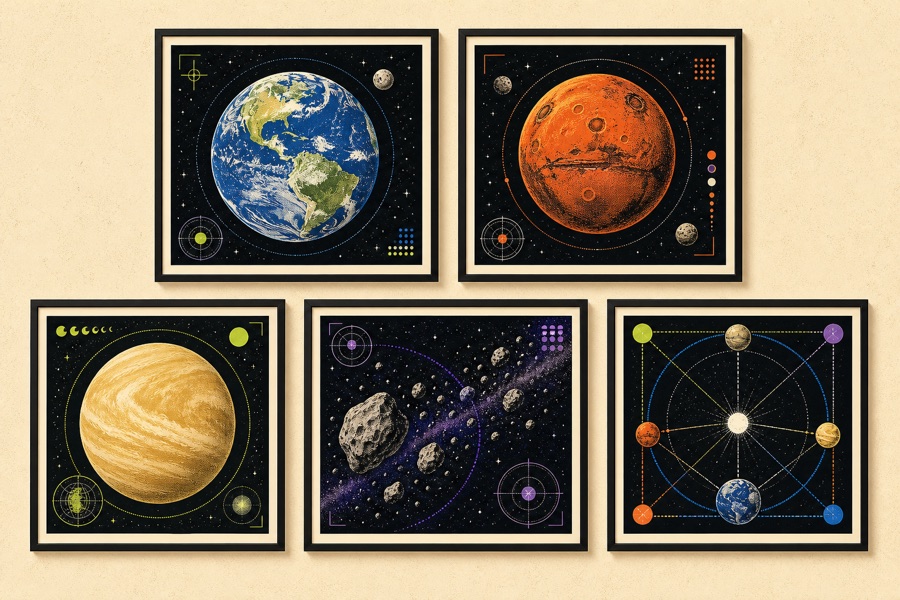 A gallery wall of illustrated astronomy charts